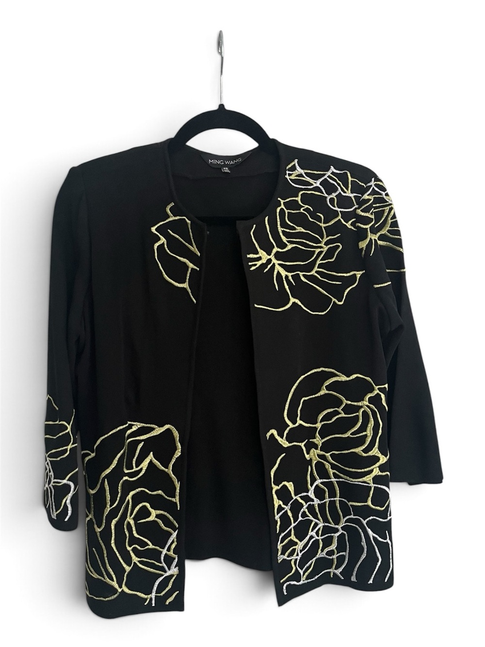 Ming Wang Black Open-Front Jacket with Gold Floral Embroidery